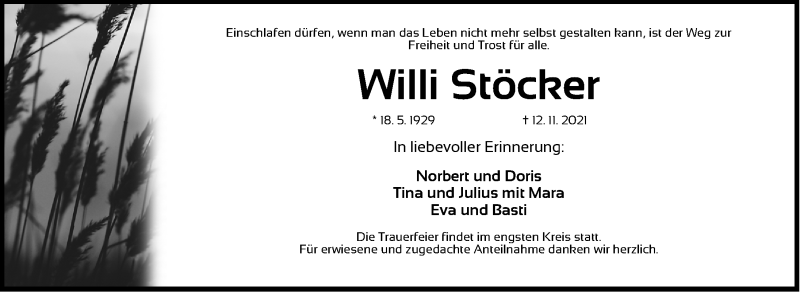  Traueranzeige für Willi Stöcker vom 01.12.2021 aus Fürther Nachrichten Lokal
