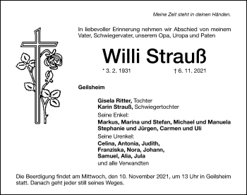 Traueranzeige von Willi Strauß von Altmühl-Bote Lokal