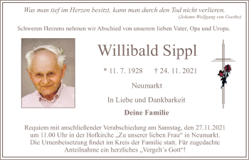 Traueranzeige von Willibald Sippl von Neumarkter Nachrichten Lokal