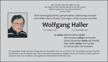 Traueranzeige von Wolfgang Haller von Nordbayerische Nachrichten Herzogenaurach Lokal