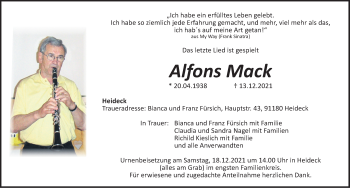 Traueranzeige von Alfons Mack von HRHV,G