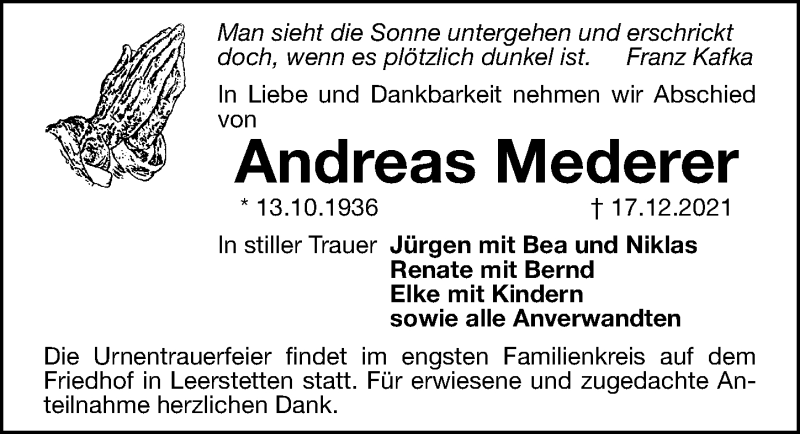  Traueranzeige für Andreas Mederer vom 22.12.2021 aus Schwabacher Tagblatt Lokal