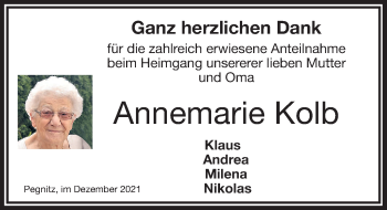 Traueranzeige von Annemarie Kolb von Nordbayerische Nachrichten Pegnitz Lokal