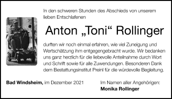 Traueranzeige von Anton Rollinger von Windsheimer Zeitung Lokal