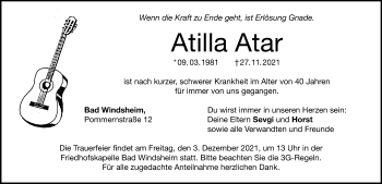 Traueranzeige von Atilla Atar von Windsheimer Zeitung Lokal