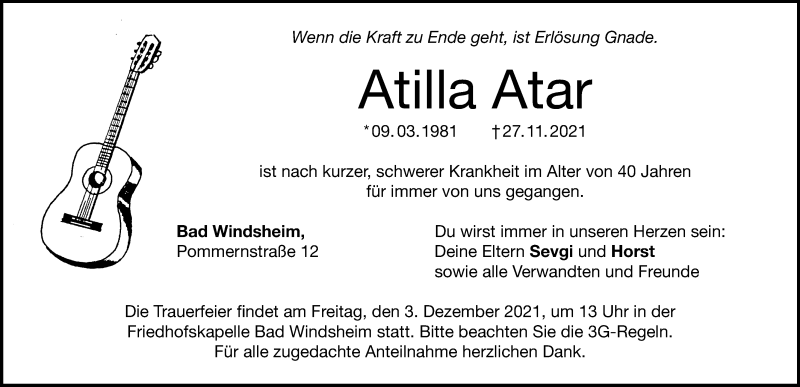 Traueranzeige für Atilla Atar vom 02.12.2021 aus Windsheimer Zeitung Lokal