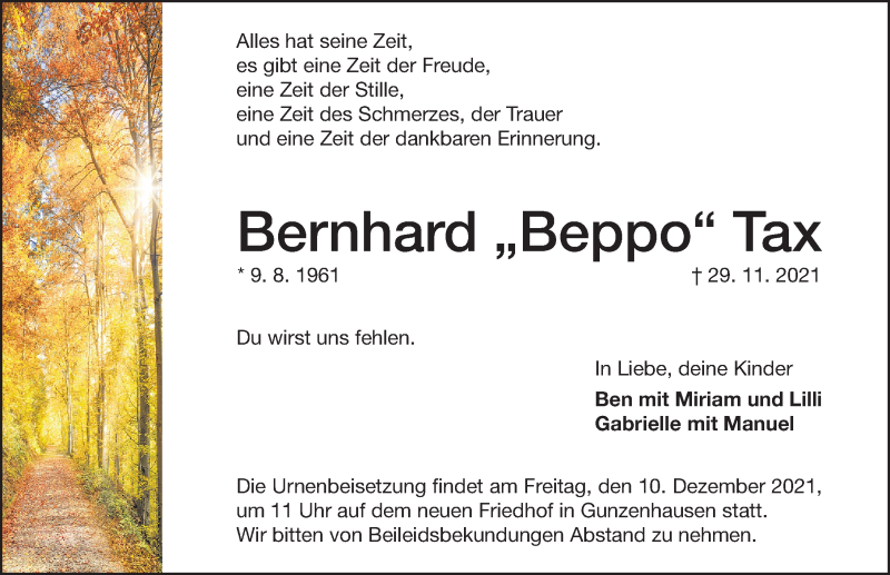  Traueranzeige für Bernhard  Tax vom 08.12.2021 aus Altmühl-Bote Lokal