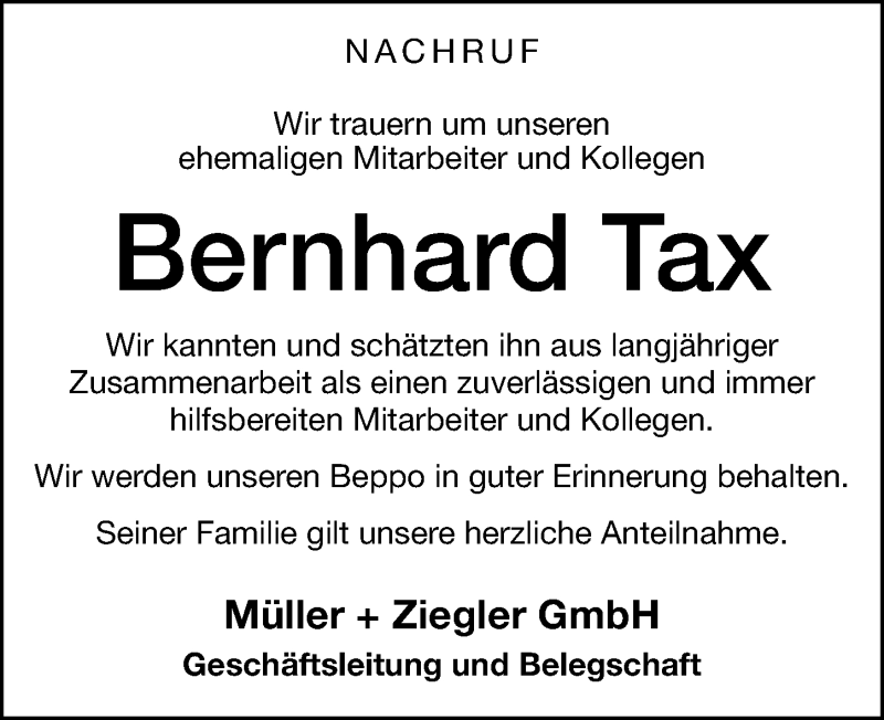  Traueranzeige für Bernhard  Tax vom 09.12.2021 aus Altmühl-Bote Lokal