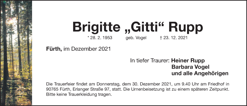  Traueranzeige für Brigitte  Rupp vom 29.12.2021 aus Gesamtausgabe Nürnberger Nachrichten/ Nürnberger Ztg.