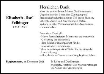 Traueranzeige von Elisabeth Felbinger von Windsheimer Zeitung Lokal