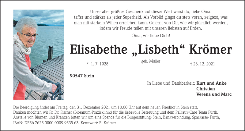  Traueranzeige für Elisabethe Krömer vom 30.12.2021 aus Gesamtausgabe Nürnberger Nachrichten/ Nürnberger Ztg.