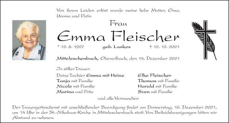  Traueranzeige für Emma Fleischer vom 14.12.2021 aus Altmühl-Bote Lokal