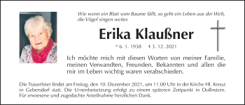 Traueranzeige von Erika Klaußner von Gesamtausgabe Nürnberger Nachrichten/ Nürnberger Ztg.