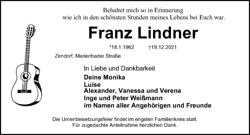  Traueranzeige für Franz Lindner vom 24.12.2021 aus Fürther Nachrichten Lokal