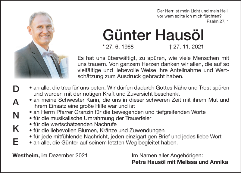  Traueranzeige für Günter Hausöl vom 11.12.2021 aus Altmühl-Bote Lokal