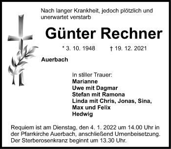 Traueranzeige von Günter Rechner von Nordbayerische Nachrichten Pegnitz Lokal