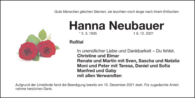  Traueranzeige für Hanna Neubauer vom 18.12.2021 aus Fürther Nachrichten Lokal