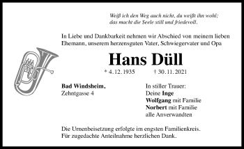 Traueranzeige von Hans Düll von Windsheimer Zeitung Lokal