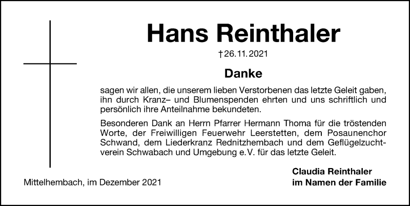  Traueranzeige für Hans Reinthaler vom 11.12.2021 aus Schwabacher Tagblatt Lokal