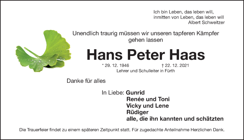  Traueranzeige für Hans Peter Haas vom 29.12.2021 aus Fürther Nachrichten Lokal