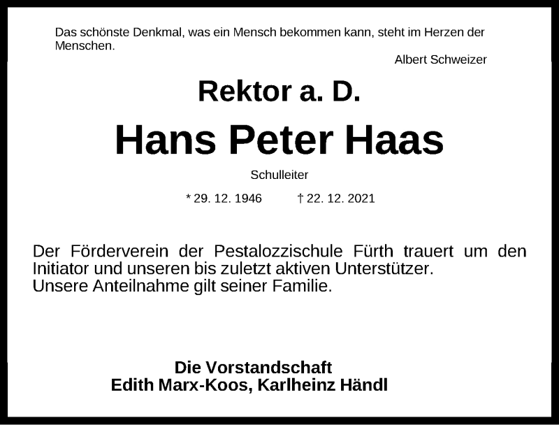  Traueranzeige für Hans Peter Haas vom 29.12.2021 aus Fürther Nachrichten Lokal