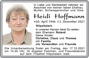 Traueranzeige von Heidi Hoffmann von Roth-Hilpoltsteiner Volkszeitung Lokal
