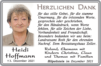Traueranzeige von Heidi Hoffmann von Roth-Hilpoltsteiner Volkszeitung Lokal