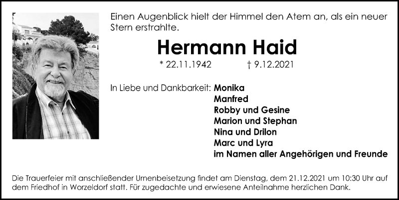  Traueranzeige für Hermann Haid vom 18.12.2021 aus Gesamtausgabe Nürnberger Nachrichten/ Nürnberger Ztg.