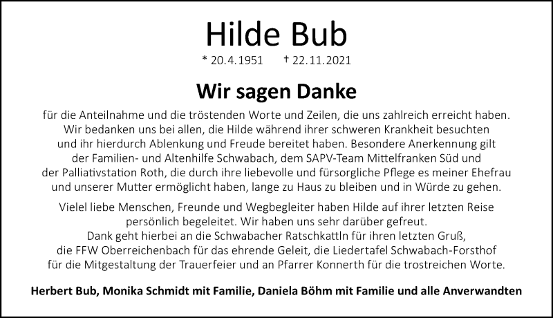  Traueranzeige für Hilde Bub vom 04.12.2021 aus Schwabacher Tagblatt Lokal