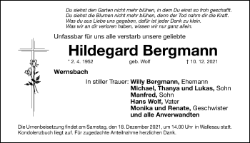 Traueranzeige von Hildegard Bergmann von Roth-Hilpoltsteiner Volkszeitung Lokal
