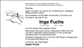 Traueranzeige von Inge Fuchs von Nordbayerische Nachrichten Herzogenaurach Lokal