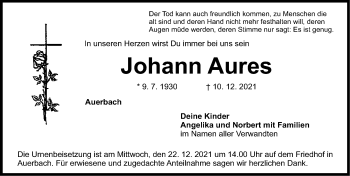 Traueranzeige von Johann Aures von Nordbayerische Nachrichten Pegnitz Lokal