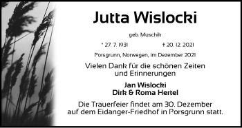 Traueranzeige von Jutta Wislocki von Roth-Hilpoltsteiner Volkszeitung Lokal
