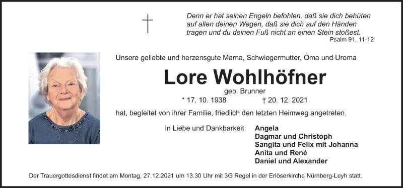  Traueranzeige für Lore Wohlhöfner vom 24.12.2021 aus Gesamtausgabe Nürnberger Nachrichten/ Nürnberger Ztg.