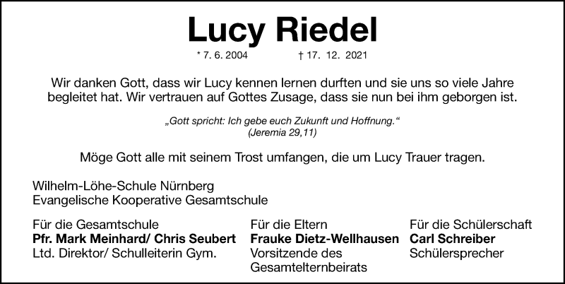  Traueranzeige für Lucy Riedel vom 23.12.2021 aus Gesamtausgabe Nürnberger Nachrichten/ Nürnberger Ztg.