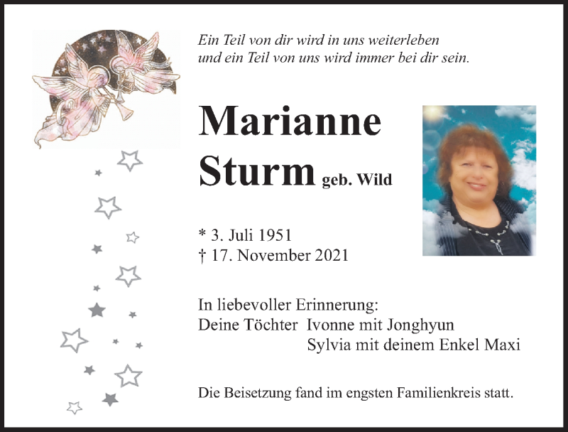  Traueranzeige für Marianne Sturm vom 18.12.2021 aus Neumarkter Nachrichten Lokal