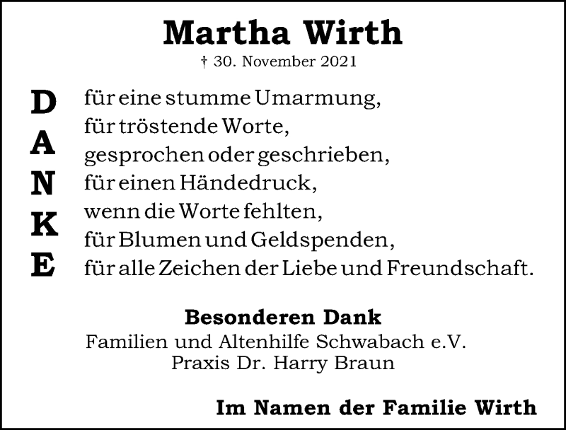  Traueranzeige für Martha Wirth vom 11.12.2021 aus Schwabacher Tagblatt Lokal