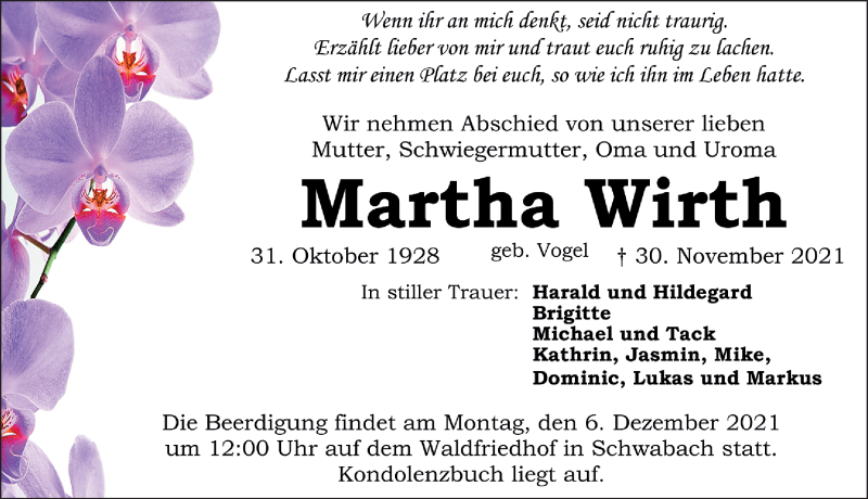  Traueranzeige für Martha Wirth vom 04.12.2021 aus Schwabacher Tagblatt Lokal