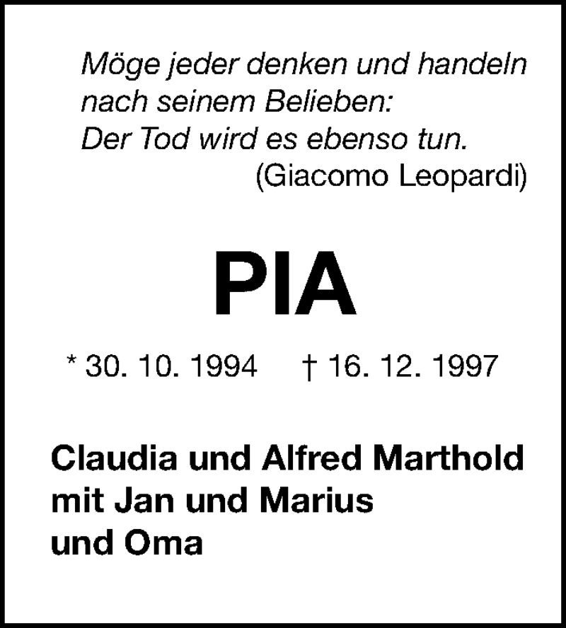  Traueranzeige für Pia  vom 16.12.2021 aus Gesamtausgabe Nürnberger Nachrichten/ Nürnberger Ztg.