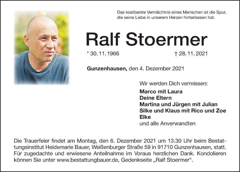  Traueranzeige für Ralf Stoermer vom 04.12.2021 aus Altmühl-Bote Lokal