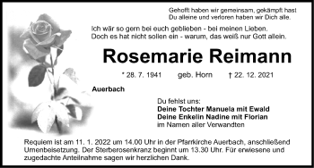 Traueranzeige von Rosemarie Reimann von Nordbayerische Nachrichten Pegnitz Lokal