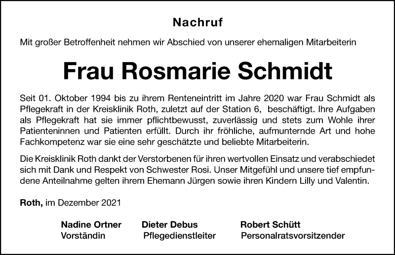  Traueranzeige für Rosemarie Schmidt vom 16.12.2021 aus Roth-Hilpoltsteiner Volkszeitung Lokal
