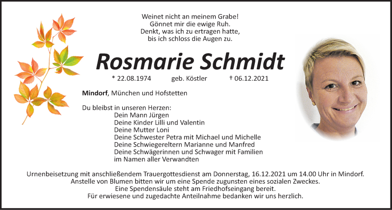  Traueranzeige für Rosmarie Schmidt vom 14.12.2021 aus Roth-Hilpoltsteiner Volkszeitung Lokal