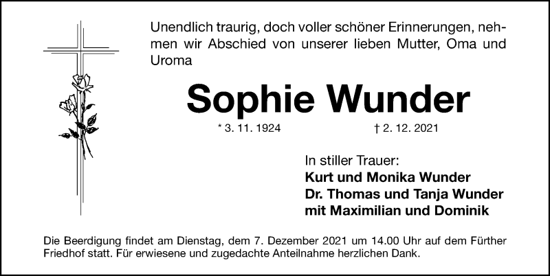 Traueranzeige für Sophie Wunder vom 04.12.2021 aus Fürther Nachrichten Lokal