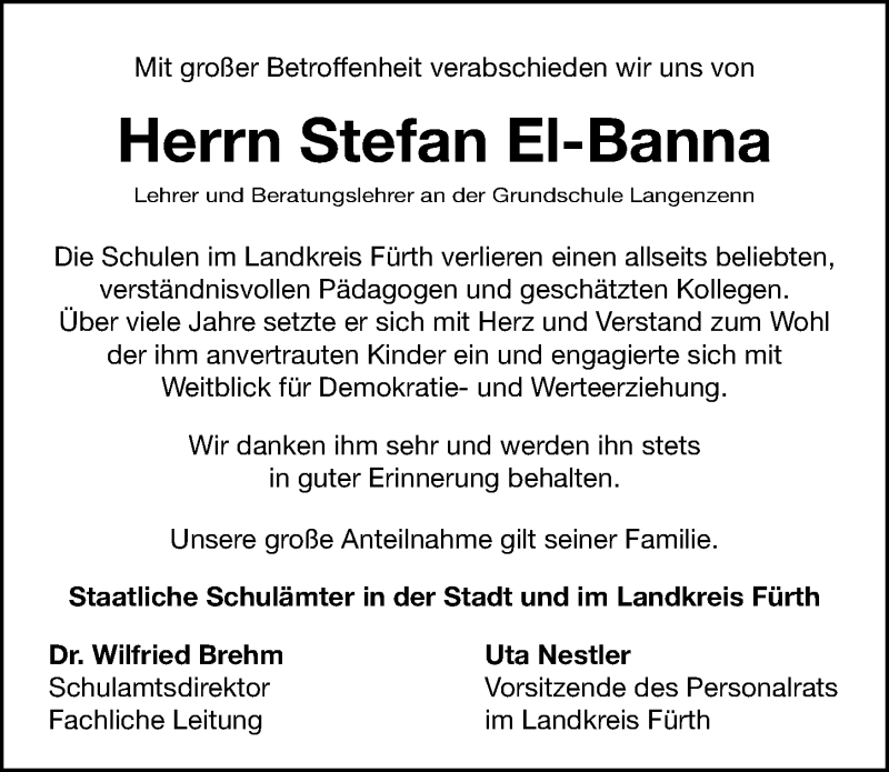  Traueranzeige für Stefan El-Banna vom 22.12.2021 aus Fürther Nachrichten Lokal