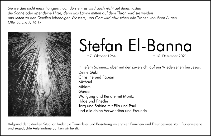  Traueranzeige für Stefan El-Banna vom 22.12.2021 aus Fürther Nachrichten Lokal