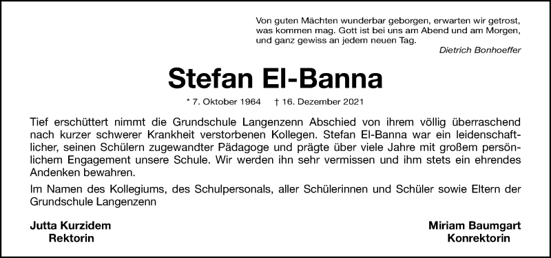  Traueranzeige für Stefan El-Banna vom 22.12.2021 aus Fürther Nachrichten Lokal