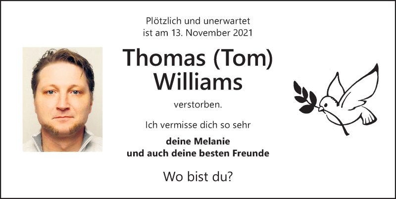  Traueranzeige für Thomas Williams vom 04.12.2021 aus Schwabacher Tagblatt Lokal