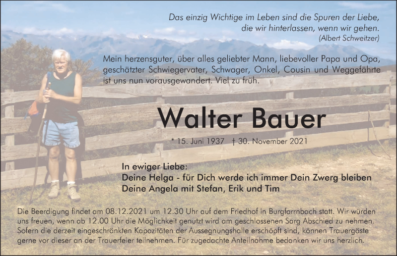  Traueranzeige für Walter Bauer vom 04.12.2021 aus Fürther Nachrichten Lokal