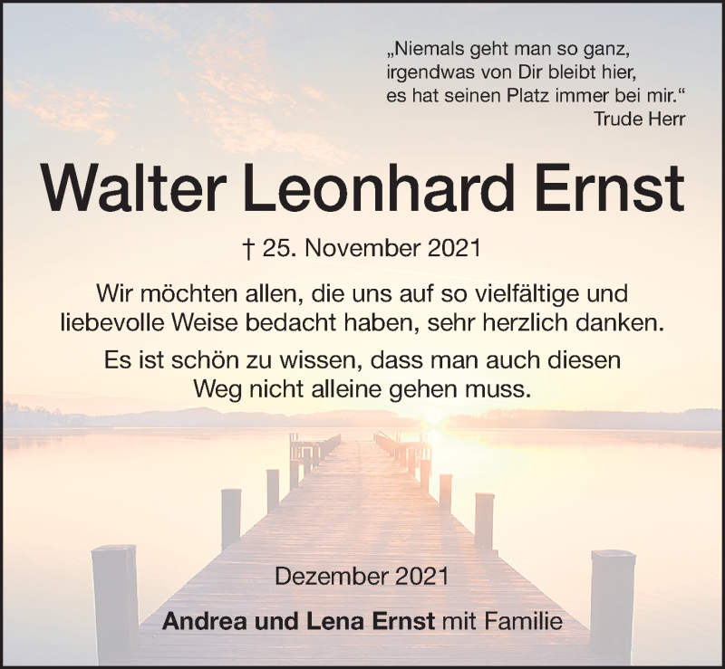  Traueranzeige für Walter Leonhard Ernst vom 11.12.2021 aus Altmühl-Bote Lokal